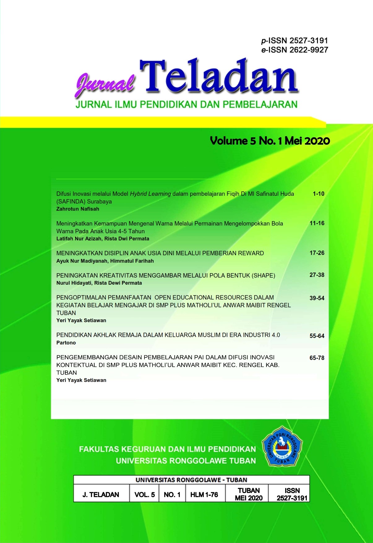 					View Vol. 5 No. 1 (2020): Jurnal Teladan Vol.5. No.1 Mei 2020
				