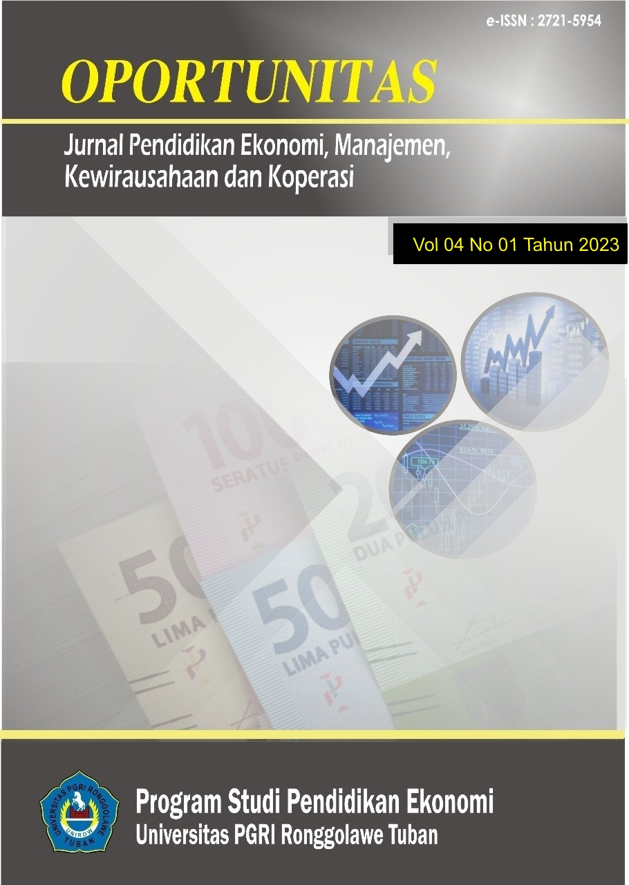 					View Vol. 4 No. 1 (2023): Oportunitas: Jurnal Pendidikan Ekonomi, Manajemen, Kewirausahaan, dan Koperasi
				